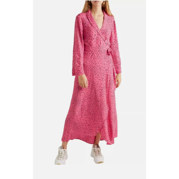 Ganni Pink Floral Wrap Maxi Dress Long Sleeve 12 Scandi Comfort Versatile Chic - Picture 1 of 6